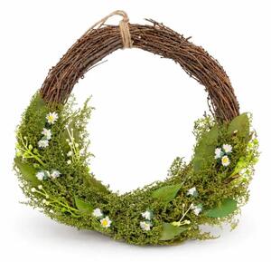 DECOLED Velikonoční věnec na dveře 34 × 31 × 8 cm, proutí a zelené větvičky s drobnými kvítky, plast, venkovní