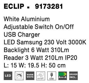 NV 9173281 Bodové svítidlo ECLIP bílý hliník nastavitelné vypínač na těle USB nabíjení LED Samsung 230V 3000K osvětlení 6W čtecí lampička 3W IP20 - NOVA LUCE