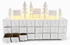 LED adventní kalendář, kostel a chaloupky, dřevěný, 37,5 × 23 × 8 cm, bílá, na 2× AA