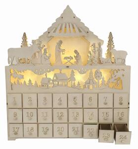 LED adventní kalendář betlém a vesnice, dřevěný, 43 × 47 × 8 cm, na 2× AA