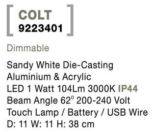 NV 9223401 Venkovní stolní lampa COLT bílý litý hliník a akryl LED 2W 3000K IP54 62st. 5V DC vypínač na těle USB kabel stmívatelné - NOVA LUCE