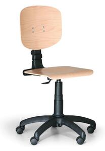Dílenská pracovní dřevěná židle na kolečkách, plastový kříž, kolečka