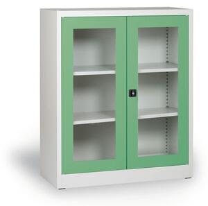 Dílenská policová skříň s prosklenými dveřmi, 1150 x 920 x 400 mm, šedá/zelená