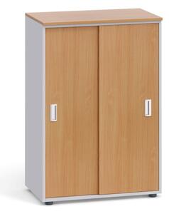 Kancelářská skříň zasouvací dveře PRIMO, 1087 x 800 x 420 mm, šedá / buk