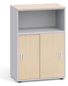 Kancelářská skříň kombinovaná PRIMO, zasouvací dveře, 1087 x 800 x 420 mm, šedá / bříza