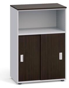 Kombinovaná kancelářská skříň PRIMO, zasouvací dveře, 1087 x 800 x 420 mm, šedá / wenge