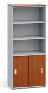 Kancelářská skříň PRIMO, zasouvací dveře na 2 patra, 1781 x 800 x 420 mm, šedá / třešeň
