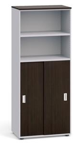 Dvoudveřová kombinovaná kancelářská skříň PRIMO, zasouvací dveře na 3 patra, 1781 x 800 x 420 mm, šedá / wenge