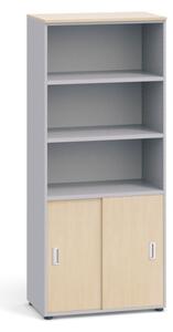 Kancelářská skříň PRIMO, zasouvací dveře na 2 patra, 1781 x 800 x 420 mm, šedá / bříza