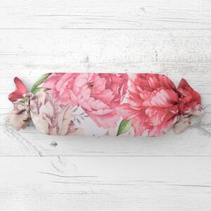 Biante Polštář válec bonbon Sandra SA-746 Velké růžovo-béžové pivoňky na bílém 15x40 cm