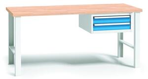 Pracovní stůl do dílny WL se závěsným boxem na nářadí, buková spárovka, 2 zásuvky, pevné kovové nohy, 1500 mm