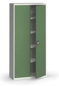 Plechová policová skříň na nářadí KOVONA, 1950 x 950 x 400 mm, 4 police, šedá/zelená