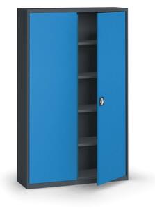 Plechová policová skříň na nářadí KOVONA, 1950 x 1200 x 400 mm, 4 police, antracit/modrá