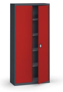 Plechová policová skříň na nářadí KOVONA, 1950 x 950 x 400 mm, 4 police, antracit/červená