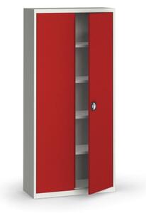 Plechová policová skříň na nářadí KOVONA, 1950 x 950 x 400 mm, 4 police, šedá/červená