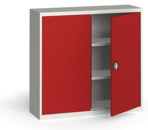 Plechová policová skříň na nářadí KOVONA, 1150 x 1200 x 400 mm, 2 police, šedá/červená