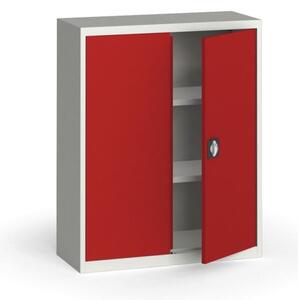 Plechová policová skříň na nářadí KOVONA, 1150 x 950 x 400 mm, 2 police, šedá/červená