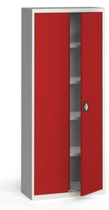 Plechová policová skříň na nářadí KOVONA, 1950 x 800 x 400 mm, 4 police, šedá/červená