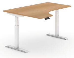 Výškově nastavitelný stůl, elektrický, 625-1275 mm, ergonomický levý, deska 1600x1200 mm, buk, bílá podnož