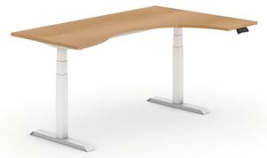 Výškově nastavitelný stůl, elektrický, 625-1275 mm, ergonomický pravý, deska 1800x1200 mm, buk, bílá podnož