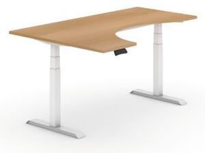 Výškově nastavitelný stůl, elektrický, 625-1275 mm, ergonomický levý, 1800x1200 mm, buk, bílá podnož