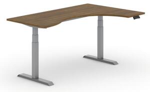 Výškově nastavitelný stůl PRIMO ADAPT, elektrický, 1800 x 1200 x 625-1275 mm, ergonomický pravý, ořech, šedá podnož