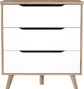 Komoda se 3 zásuvkami - dub a matná bílá - masivní nohy - skandinávský styl 80 cm - VANKKA