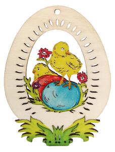 AMADEA Dřevěná dekorace vajíčko kuře s vajíčky, velikost 9 cm, český výrobek
