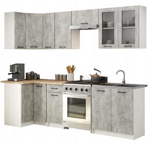 KUCHYŇSKÝ NÁBYTEK ROHOVÝ SET S VITRÍNOU OLIVOVÁ 3 M H720 BETON