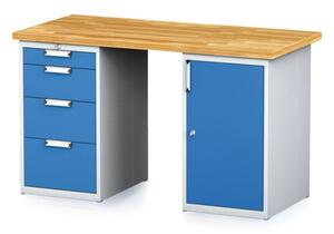 Dílenský stůl MECHANIC I se zásuvkovým boxem a skříňkou na nářadí místo nohou, 4 zásuvky, 1500 x 700 x 880 mm, modré dveře