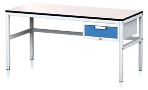 Nastavitelný dílenský stůl MECHANIC II, 1 zásuvkový box na nářadí, 1600x700x745-985 mm, šedá/modrá