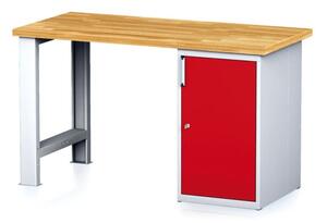 Dílenský pracovní stůl MECHANIC I, pevná noha + dílenská skříňka na nářadí, 1500 x 700 x 880 mm, červené dveře