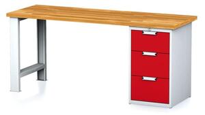Dílenský pracovní stůl MECHANIC I, pevná noha + dílenský box na nářadí, 3 zásuvky, 2000 x 700 x 880 mm, červené dveře