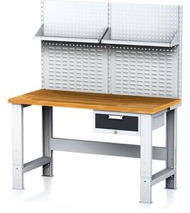 Nastavitelný dílenský stůl MECHANIC I , závěsný box na nářadí, nástavba, police, 1 zásuvka, 1500x700x700-1055 mm, antracit