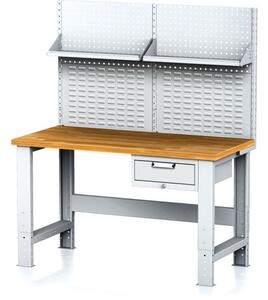 Nastavitelný dílenský stůl MECHANIC I , závěsný box na nářadí, nástavba, police, 1 zásuvka, 1500x700x700-1055 mm, šedé