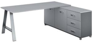 Rohový kancelářský psací stůl PRIMO STUDIO, skříňka vpravo, 1800 x 800 mm, šedá
