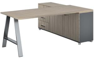Rohový kancelářský psací stůl PRIMO STUDIO, skříňka vlevo, 1800 x 800 mm, šedá / dub přírodní