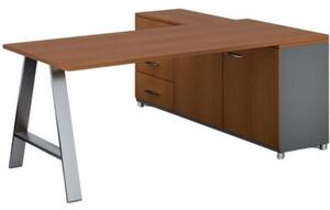 Rohový kancelářský psací stůl PRIMO STUDIO, skříňka vlevo, 1800 x 800 mm, šedá / třešeň