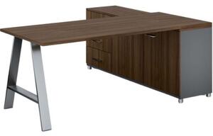 Rohový kancelářský psací stůl PRIMO STUDIO, skříňka vlevo, 1800 x 800 mm, šedá / ořech