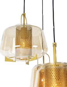 Art deco závěsná lampa zlatá s jantarovým sklem 6 světel - Kevin