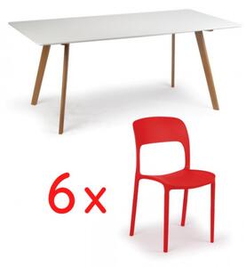 Jídelní stůl 180x90 + 6x plastová židle REFRESCO červená