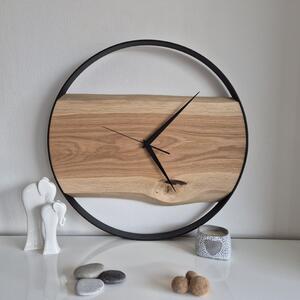 Dřevěné hodiny -55cm, přírodní dřevo - dub, černý kovový rám (55007)