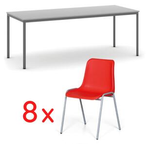 Stůl jídelní, šedý 2000 x 800 + 8 jídelních židlí AMADOR, červená