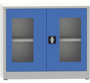 Svařovaná policová skříň s prosklenými dveřmi, 800 x 950 x 500 mm, šedá/modrá