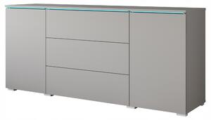 Komoda o šířce 150 cm do obývacího pokoje, s 3 zásuvkami a 2 skříňkami, šedá matná barva, s LED osvětlením