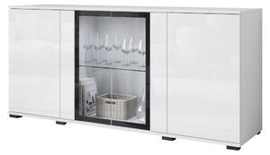Komoda 150 cm s prosklenou vitrínou, zásuvkami a policemi, bílá matná/lesklá