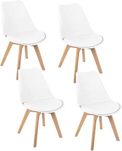Jídelní židle, sada 4 kusů, skandinávský design, sedák z umělé kůže, nohy z masivního dřeva, čalouněné židle bez opěrek (bílé)