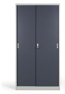 Kovová skříň s posuvnými dveřmi, demontovaná, 4 police, 1000 x 1990 x 450 mm, tmavě šedá
