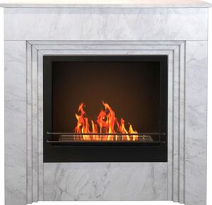 Stojací krb BELLINI s technologií využívající bioetanol, v bílé barvě s vzhledem mramoru, vyrobený v Itálii, rozměry: 96 cm (délka) x 35 cm (šířka) x 96 cm (výška)