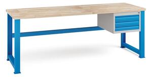 Dílenský stůl KOVONA, 3 zásuvky na nářadí, buková spárovka, pevné nohy, 2100 mm
